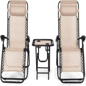 탱쿨라 3피스 야외 무중력 의자 세트 조절 가능한 등받이가 있는 접이식 리클라이닝 라운지 헤드 베개 컵