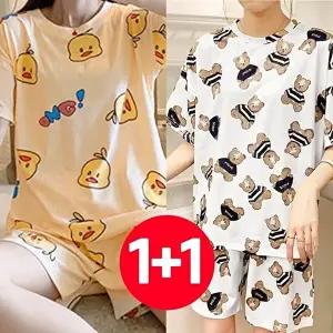 여성 반팔 반바지 여름 잠옷 세트 2개 크림베어 오리 (HSJ-WF5AC1C)