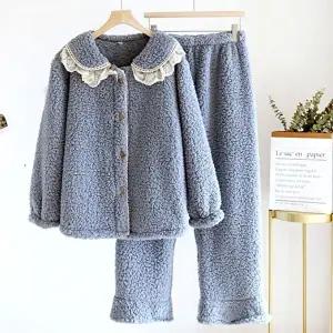 따뜻한 여성 뽀글이 양털 홈웨어 수면 잠옷 상하세트 (HSJ-WE28748)