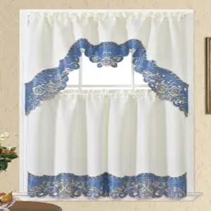 GOHD 아치 로사리움 3pcs 주방 커튼 세트 독특한 금색 실에 장미 자수가 있는 우아한 보리 원단 테두리에