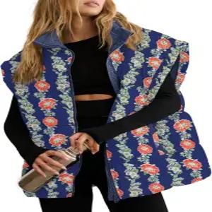 탄카네오 여성 플로럴 오버사이즈 패딩 조끼 캡 슬리브 겨울 따뜻한 퀼트 재킷 코트