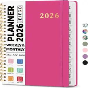 2026 플래너 주간 및 월간 캘린더 플래너북 2026년 1월 - 12월 탭 노트 페이지가 있는 하드커버 스파이럴