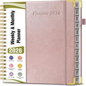 2026 플래너 하드커버 가죽 주간 및 월간 2026년 1월 - 12월 스파이럴 연간 어젠다 정리책 탭 포함 일일