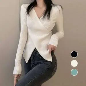 골지 브이넥 여성 니트티 얇은 트임 봄 가을 여자 아이보리 V넥 블랙 소라색 베이지