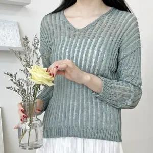 여성 여자 니트 티셔츠 데일리 캐주얼 브이넥 봄 여름 긴팔 니트티 시스루 러블리 패션 상의 포인트 패턴