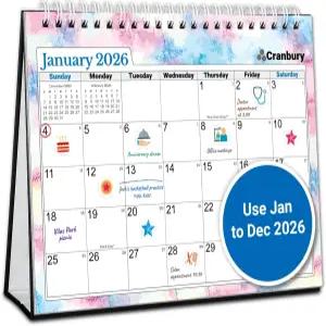 CRANBURY 2026 스몰 데스크 캘린더 8x6 스탠딩 플립 시즌 디자인 노트 섹션이 있는 대형 사각형 2026년 1월