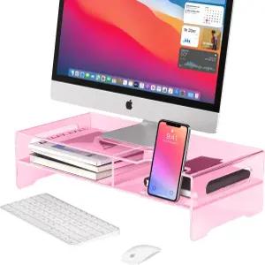 휴이오스 핑크 아크릴 모니터 스탠드 라이저 수납공간이 있는 2단 컴퓨터 책상용 투명 노트북 프린터 TV