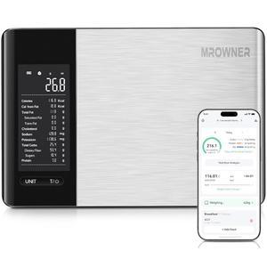 계산기가 있는 미스터오너 스마트 키친 스케일, 19가지 영양소 추적 기능이 앱, 칼로리, 마르코, 체중 감량을 위한 디지털 무게 그램 및 , 스테인리스 스틸, 22파운드