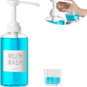 욕실용 VITVITI 플라스틱 구강 청결제 디스펜서 컵이 포함된 17온스 펌프 용기 병 라벨이 있는 투명 리필형