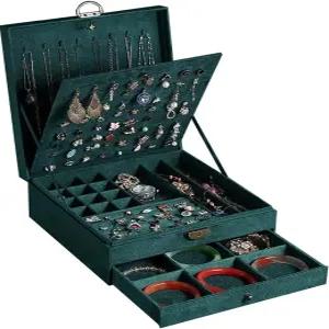 GYJOYERO 여성용 주얼리 박스 식 3겹 대형 정리함 보관 케이스 귀걸이 목걸이 반지 팔찌 그린 디스플레이