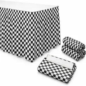 우자미 4팩 블랙 앤 화이트 체크 테이블 스커트 - 파티 장식용 레이싱 테마 플라스틱 레이스카 더비 피트