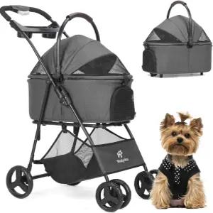 반려동물 유모차 중형/소형 개와 고양이를 위한 4륜 컵 홀더가 있는 접이식 조거/개 수납 바구니 통기성