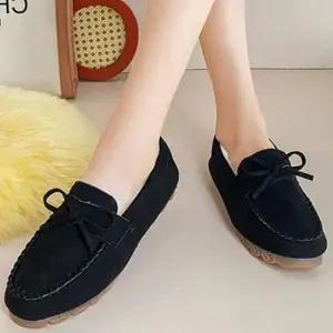 퍼안감 털 겨울 모카신 여성 스웨이드 리본 디자인