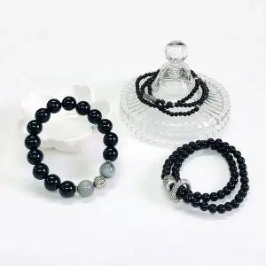 [에이치플러스몰]TBZ 흑요석 흑마노 실버행운팔찌 3종택1 남녀공용원석팔찌