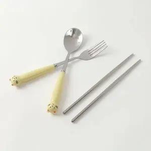 [오너클랜]TBZ 옐로우 고양이 손잡이 수저 포크 휴대 케이스세트