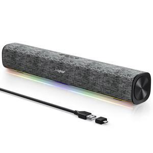 동적 LED 조명이 있는 SOULION R100 블루투스 컴퓨터 스피커, 스위치 버튼이 USB 플러그 앤 플레이 PC 데스크탑 노트북 모니터용 사운드바(USB-C to 어댑터 포함)