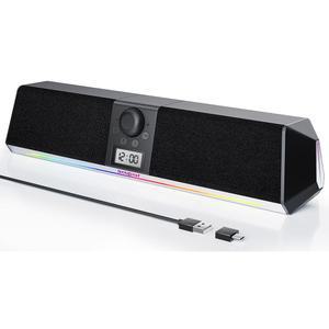 SOULION R80 블루투스 컴퓨터 스피커, 디지털 시계 디스플레이가 있는 USB 플러그 앤 플레이 PC 데스크탑 모니터 노트북용 컬러 LED 조명이 투명 사운드바(USB 어댑터 포함)