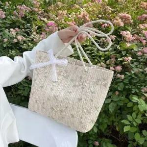 여성 여름 가벼운 핸드 쇼퍼 가방 라탄 숄더 백 크림