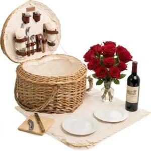 피크닉 타임 하트 바구니 2인용 손잡이가 달린 위커 완벽한 디럭스 서비스 손으로 짠 튼튼한 버드나무 풀