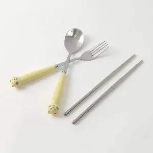 [RIZPICK]TBZ 옐로우 고양이 손잡이 수저 포크 휴대 케이스세트