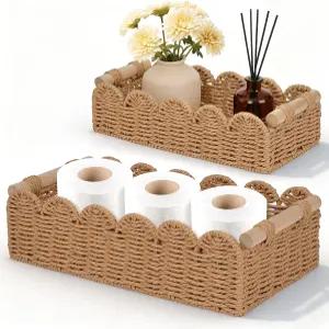 화장지 보관 욕실 거실 침실 등을 위한 종이 로프 가리비 장식 바구니 2개 세트 작은 및 나무 손잡이 중성