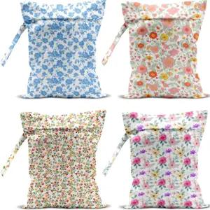 4팩 컬러풀 플라워 습식 백 방수 세척 가능 재사용 드라이 수영복 천 기저귀 여행 비치 요가 짐 세면도구