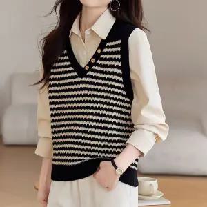[나코디]배색 브이넥 니트조끼 여성니트조끼/KVE-118