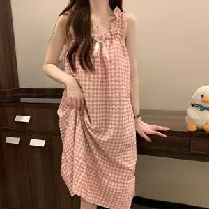 여성 캡 내장 나시 원피스 파자마 잠옷 체크리본 (HSJ-WEE8428)