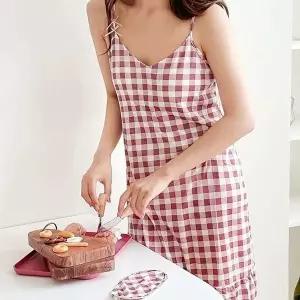 여름 브라 여름잠옷 원피스잠옷 여성 홈웨어 원피스 잠옷 체크핑크 (HSJ-WFISAYZ)