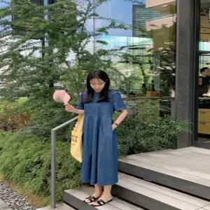 안디모 절개 데님 반팔 원피스 (2color)