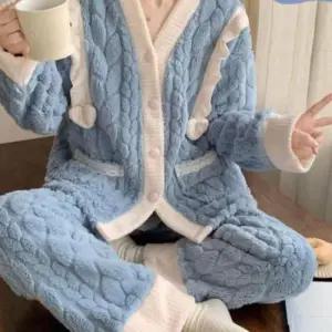 극세사잠옷 두꺼운 겨울 극세사 수면 잠옷 여성 주니어 파자마 홈웨어