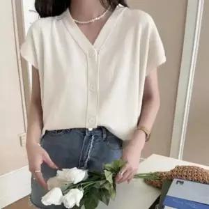 내추럴 캡소매 브이넥 니트 가디건 상의 여름용 베스트 반팔 내추럴