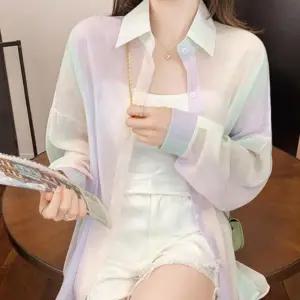 (색상 라이트 파스텔)파스텔 여름 셔츠형 가디건 니트 카라 시스루 아우터 롱 루즈핏 원픽