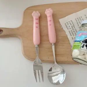 휴대용숟가락포크세트 꾹꾹호랑 휴대용 숟가락 포크 세트 디저트숟가락 핑크 휴대용포크수저세트