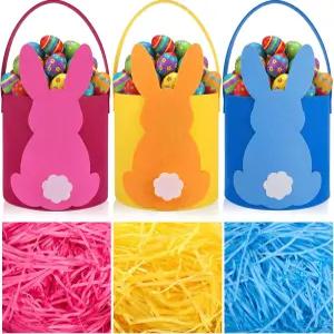 무케렌 부활절 토끼 펠트 바구니 컬러풀 로즈 레드 블루와 옐로우 버킷 손잡이와 라피아 종이 리본 달걀