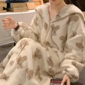 홈웨어바지수면잠옷 여자 홈웨어 극세사 롱 로브 가운 부들이 잠옷