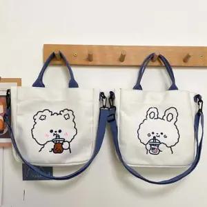 귀여운 곰 토끼 캐릭터 캔버스 에코백 똑닥단추 보조