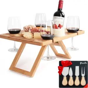 은색 치즈 나이프 4개가 있는 대나무 샤르쿠테리 피크닉 테이블 휴대용 와인 잔 홀더가 보드 애호가를 위한
