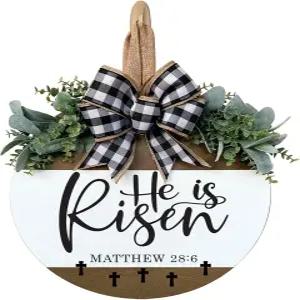 현관문 소박한 원형 목재 부활절 문걸이 화환 가정용 야외 봄 장식을 위한 농가 현관 벽 그는 일어섰습니다