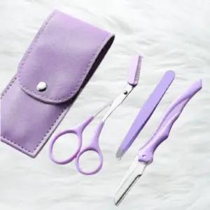 남녀공용 눈썹정리 3종세트 눈썹칼 숱가위 트위저 휴대용 가죽케이스 포함