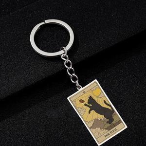 귀여운 고양이 타로 카드 펜던트 열쇠 고리 빈티지 직사각형 에폭시 스테인레스 스틸 동물 운세 쥬얼리