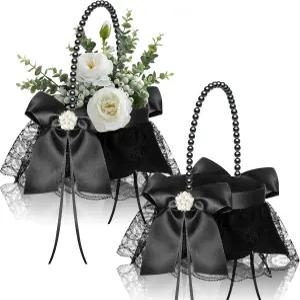 결혼식용 새틴 라인스톤과 꽃잎용 손잡이 색종이 연회 홈 데코 서양 파티 레이스 앤 펄 검은 꽃 소녀