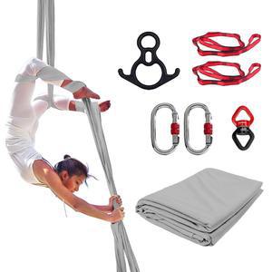 프리오먼 에어리얼 실크 세트, 프리미엄 10야드(9.1m) 미디엄 스트레치 40D 나일론 원단, 하드웨어 리깅 키트, 모든 레벨용 반중력 비행 스타터용 요가 해먹, 가정용/야외용-실버