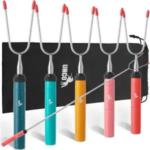 UNCO 화재 구덩이용 마시멜로 스틱 5개 34인치 다채로운 회전 손잡이 캔버스 보관 가방이 있는 확장 가능한