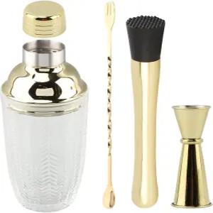 측정용 지거 믹싱 스푼 머들러가 포함된 골드 칵테일 셰이커 세트 - 및 단백질 쉐이크를 위한 홈 바