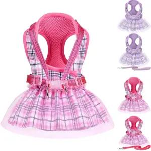 작은 강아지 드레스 하네스 여성 당기지 않는 의상 의류 중간 여름 조절 가능한 격자무늬 치마 조끼 고양이