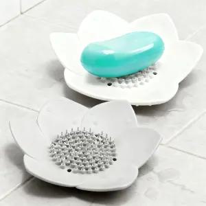 연꽃 모양 샤워 찜기 트레이 2개 실리콘 비누 홀더 미끄럼 방지 배수가 가능한 꽃 접시 욕조 싱크대 및