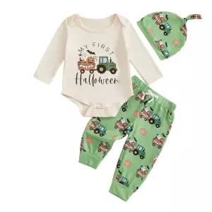 My First Baby Boy 할로윈 의상 신생아 트럭 호박 유령 프린트 롬퍼 바디수트 바지 모자 트 3cps 옷 초록색