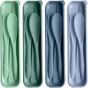 재사용 가능한 식기 세트 케이스 포함 여행용 파란색 녹색 짙은