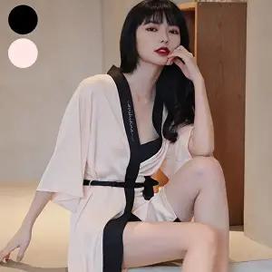 여성 배색 실크 로브 가운 슬립 원피스 잠옷 골프가운 (HSJ-WCE87E8)